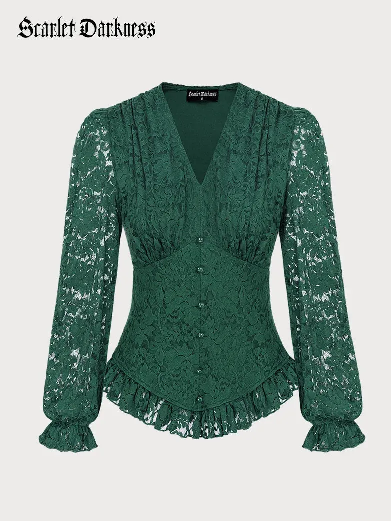 Women Victorian Lace Tops Curved Hem Pullover Tops