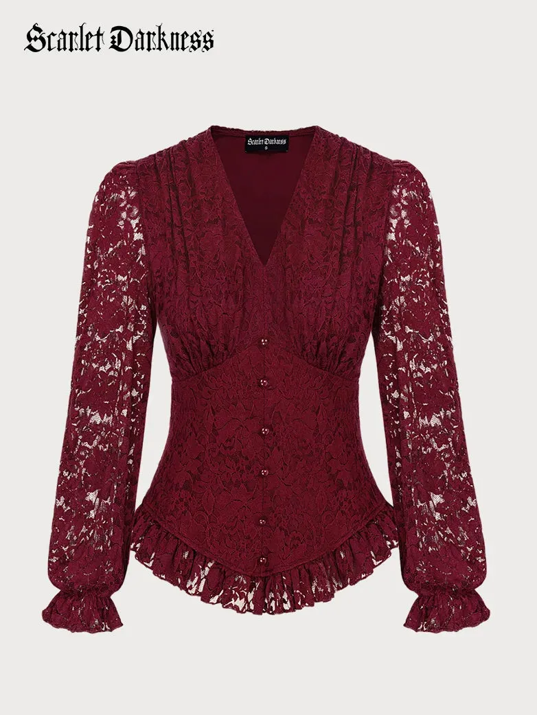 Women Victorian Lace Tops Curved Hem Pullover Tops