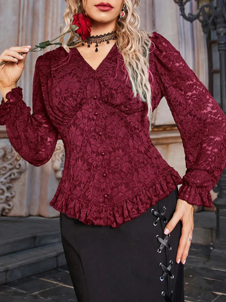 Women Victorian Lace Tops Curved Hem Pullover Tops