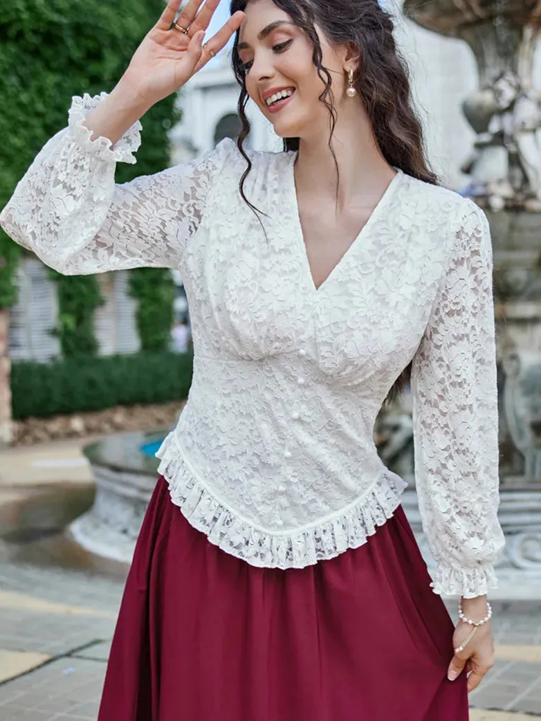 Women Victorian Lace Tops Curved Hem Pullover Tops