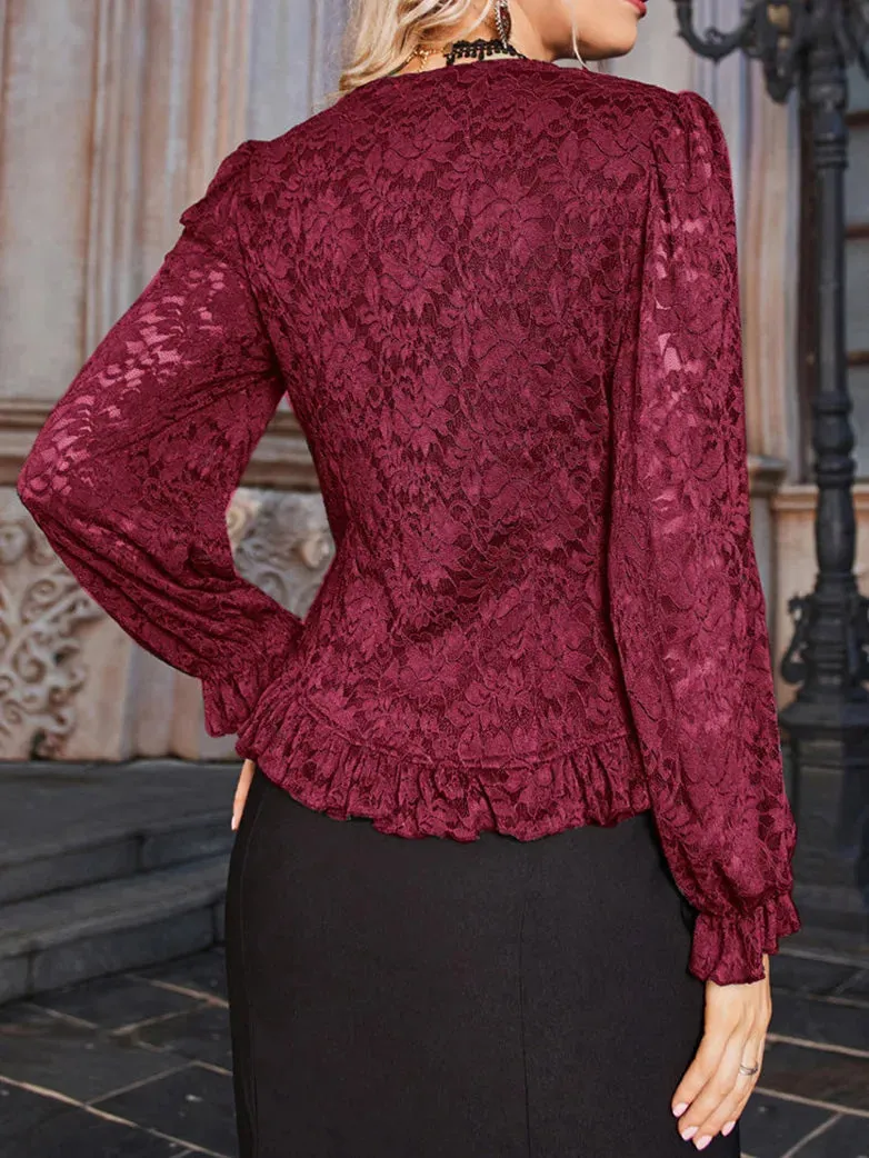 Women Victorian Lace Tops Curved Hem Pullover Tops