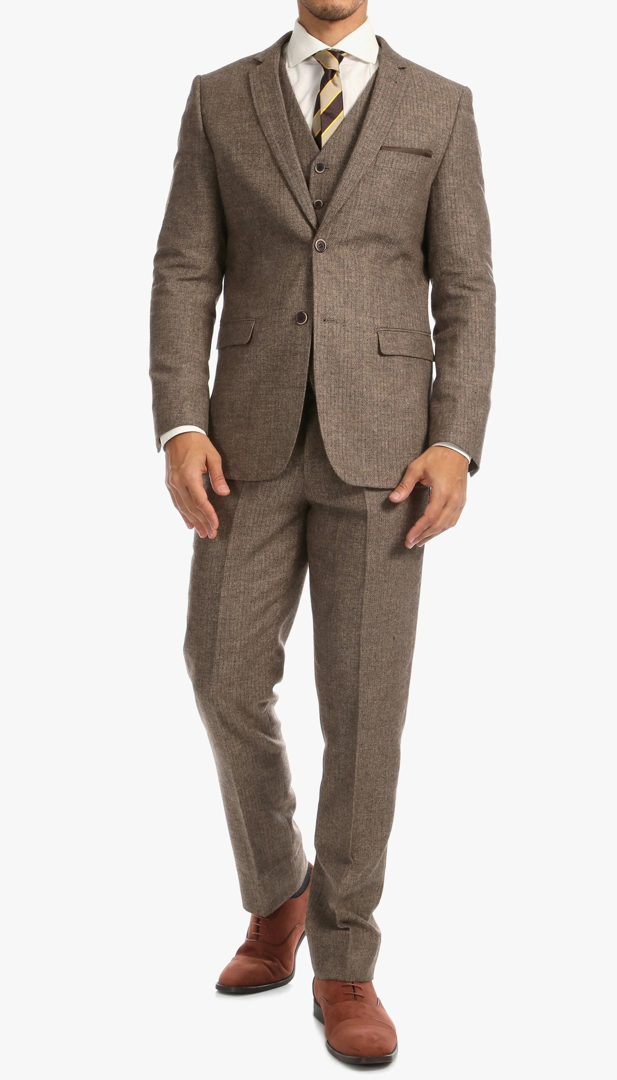 York Brown 3 Piece Herringbone Suit