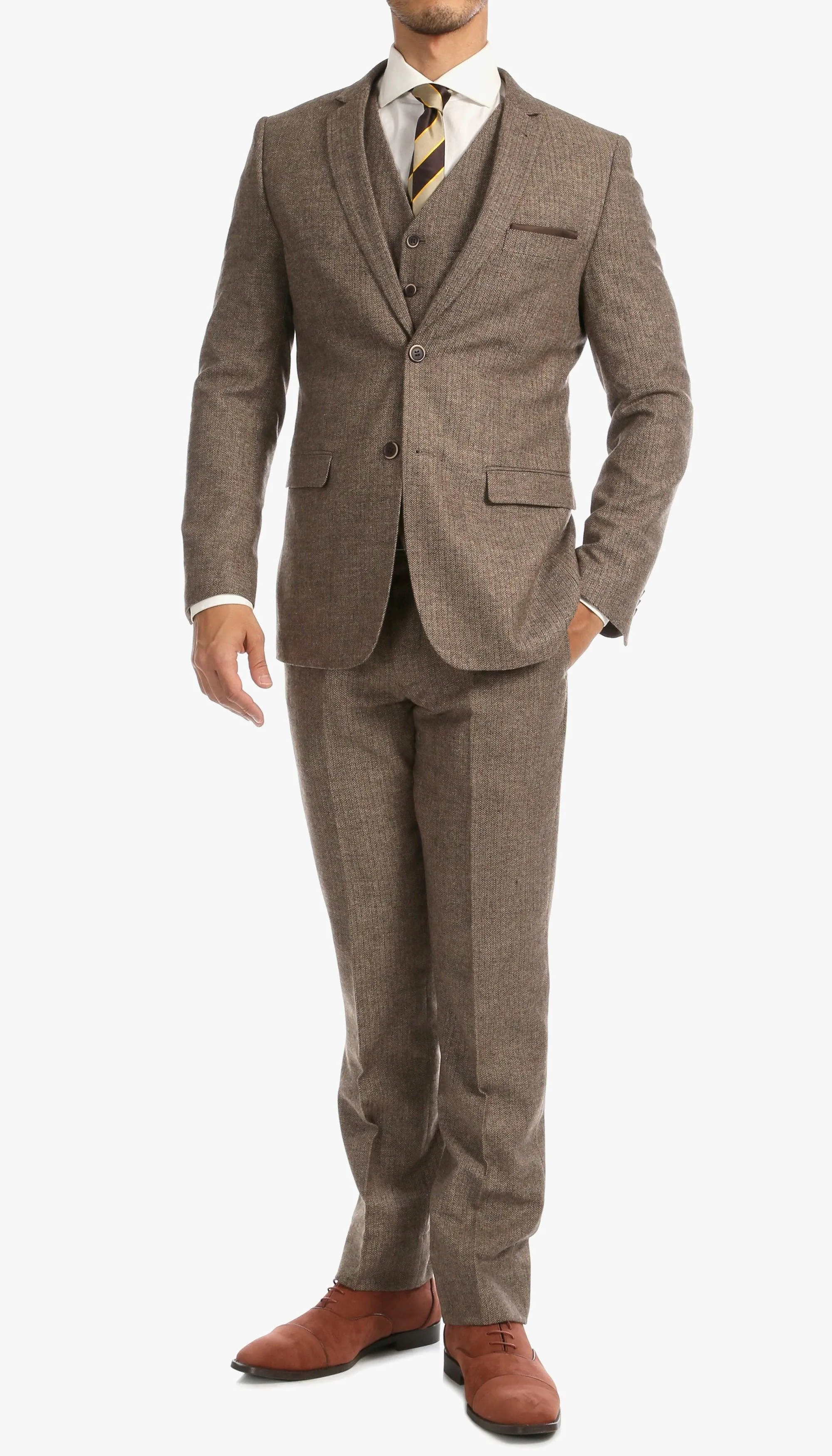 York Brown 3 Piece Herringbone Suit