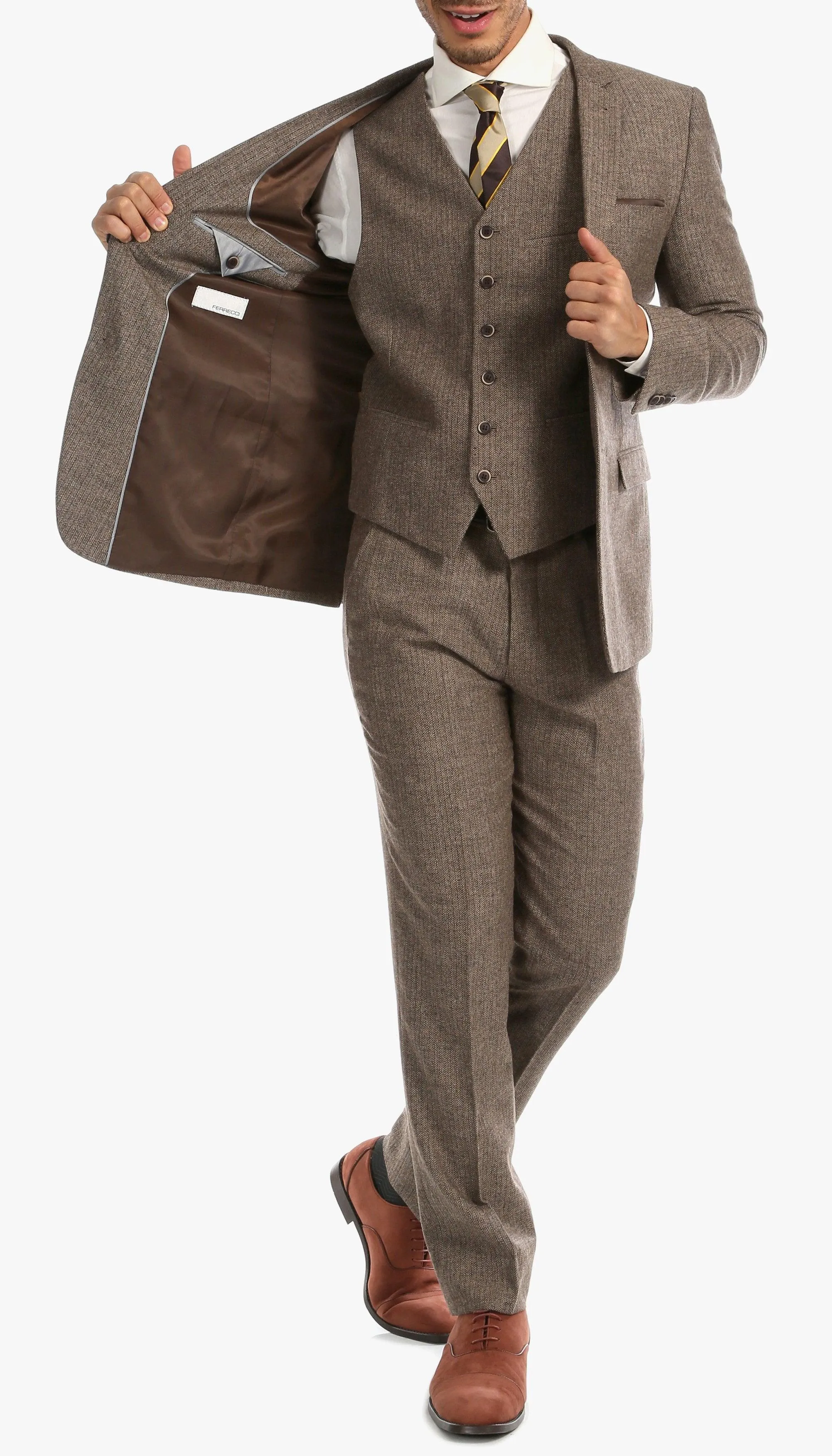 York Brown 3 Piece Herringbone Suit