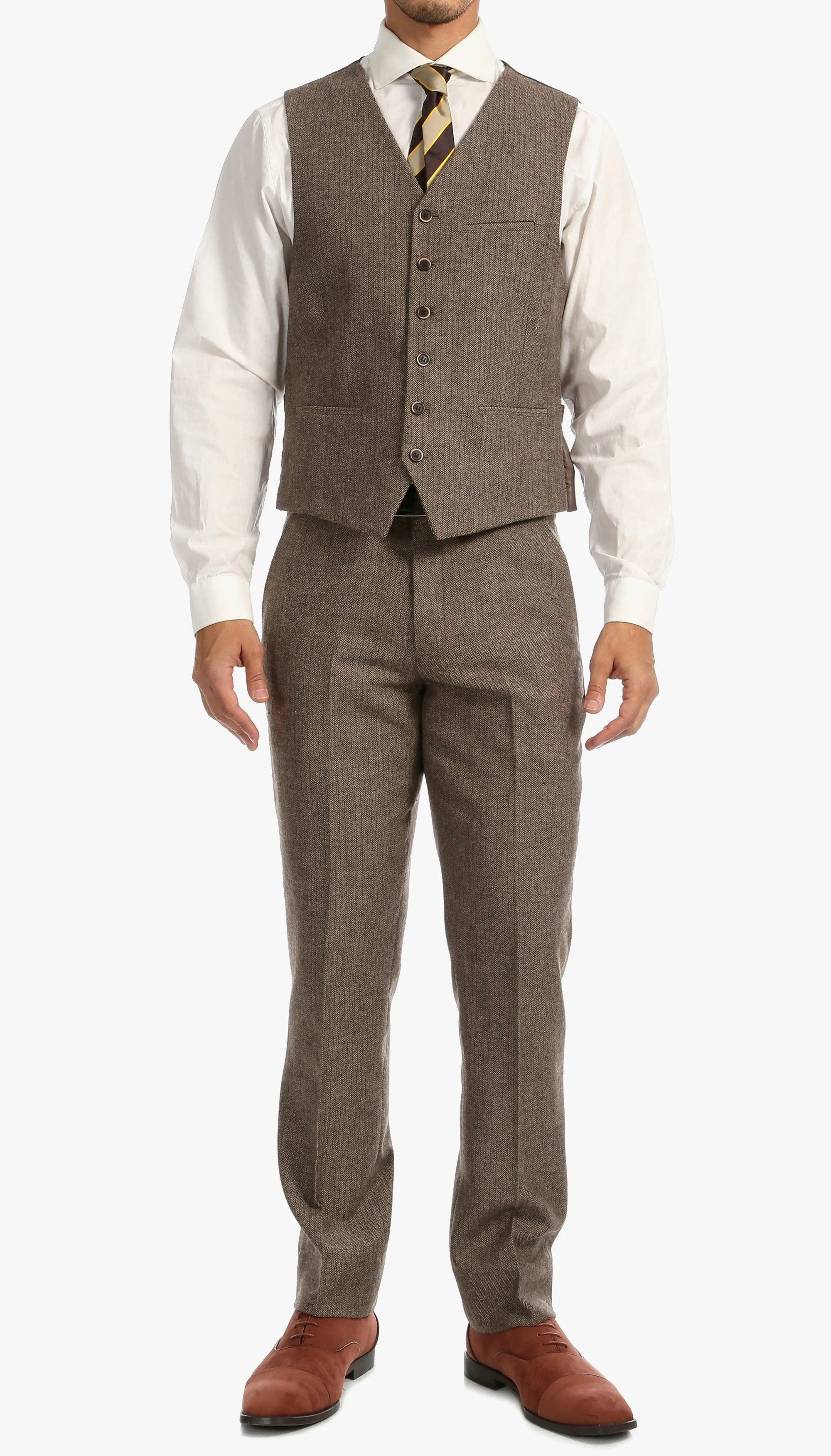 York Brown 3 Piece Herringbone Suit