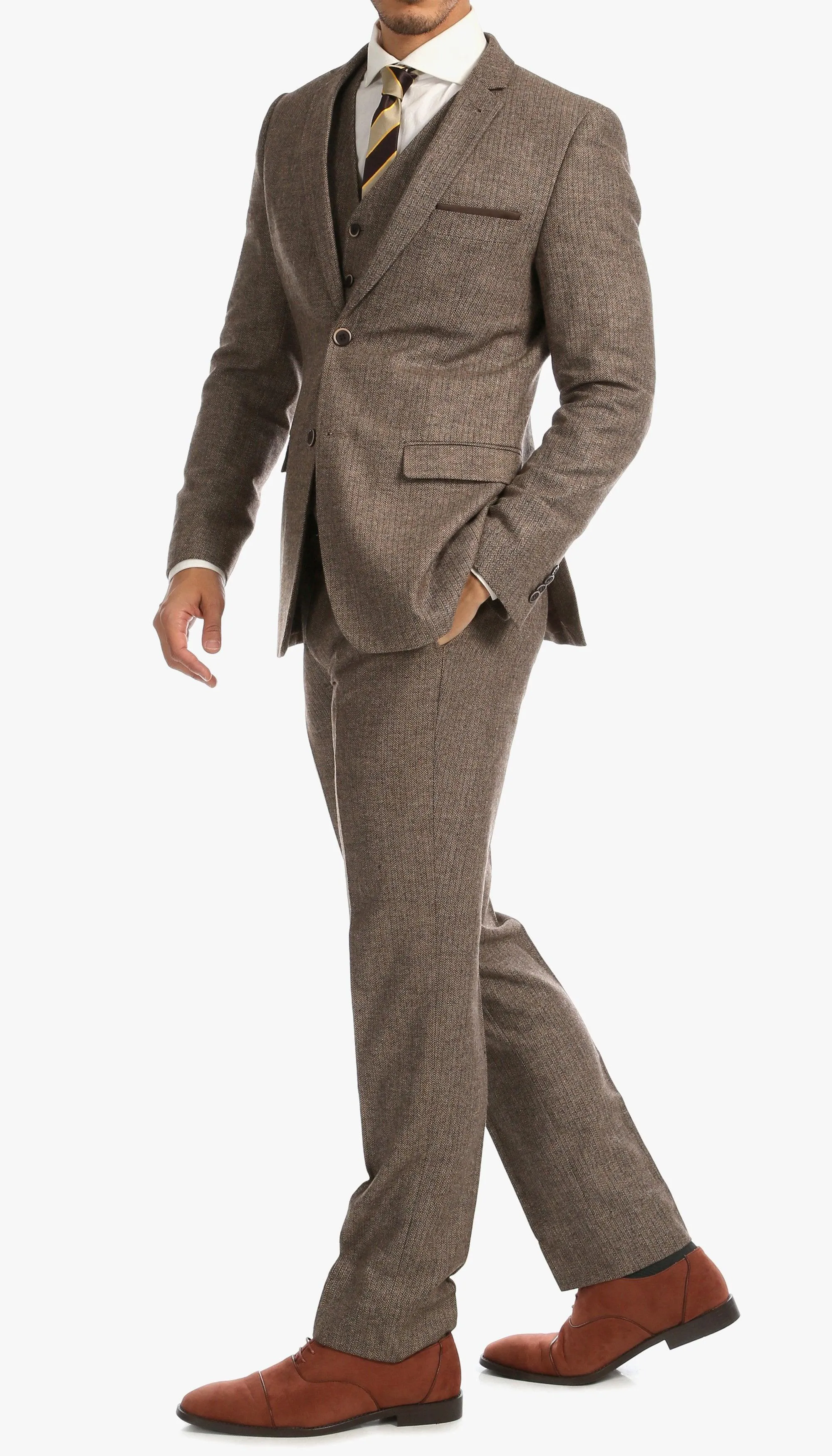 York Brown 3 Piece Herringbone Suit